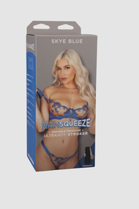 Experience luxury with the Main Squeeze Stroker: Skye Blue Ultraskyn Masturbator featuring a realistic texture and suction control for an intimate feel.