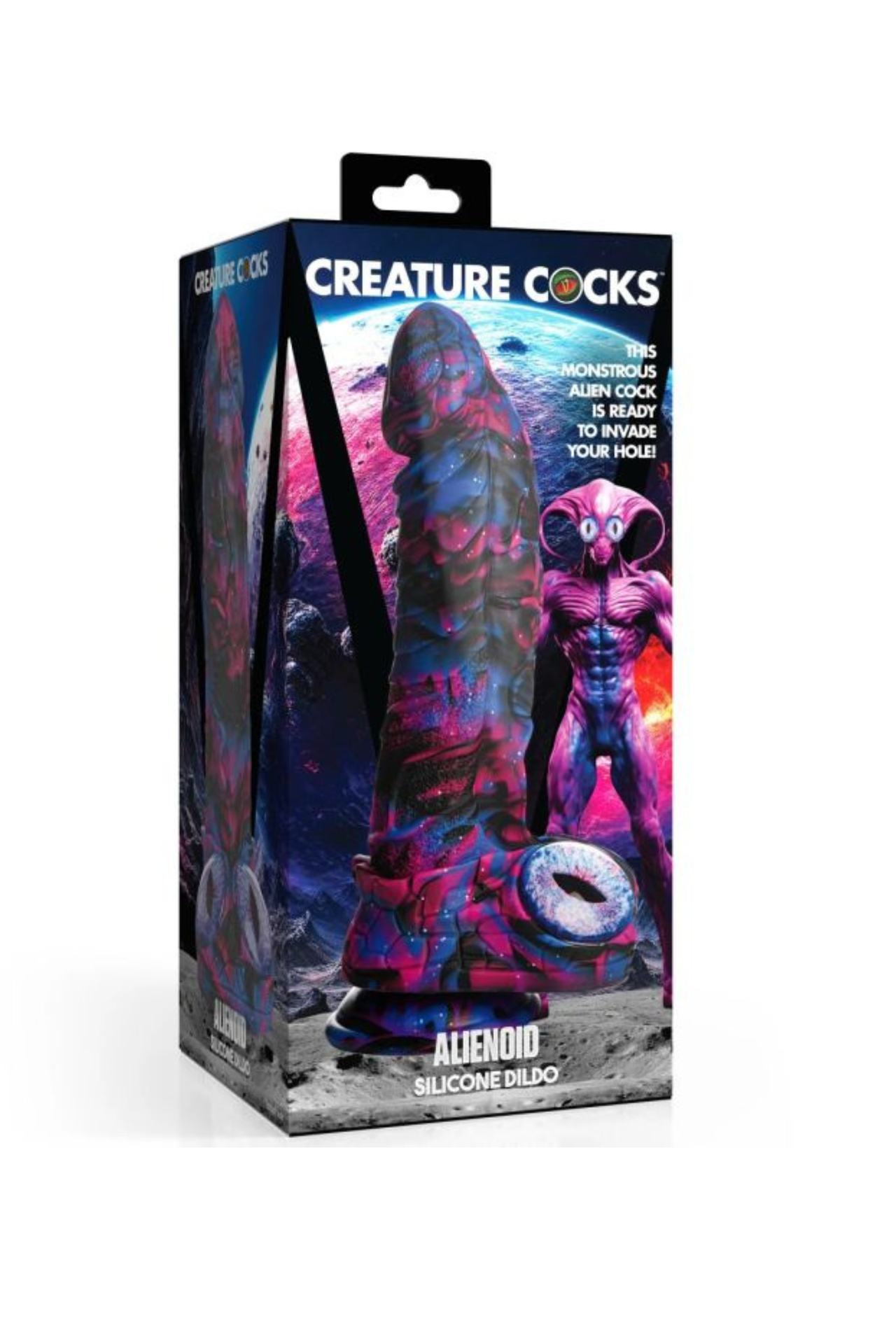 A close-up of the textured shaft of the Creature Cocks Alienoid Silicone Dildo, showcasing its unique grooves designed for enhanced sensation.