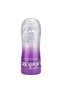 Rev-Air Light Reusable Masturbation Cup featuring a soft, see-through stroker sleeve designed for luxurious pleasure.