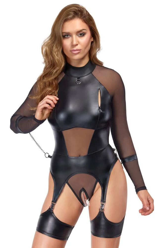 Cottelli Bondage Lingerie Set - Crotchless Suspender Body with Soft Handcuffs & Removable Chains