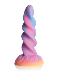 a pink, blue, and purple swirling unicorn horn dildo  with an orange suction base by creature cocks
