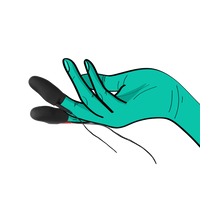 a hand with a green glove holding a black object