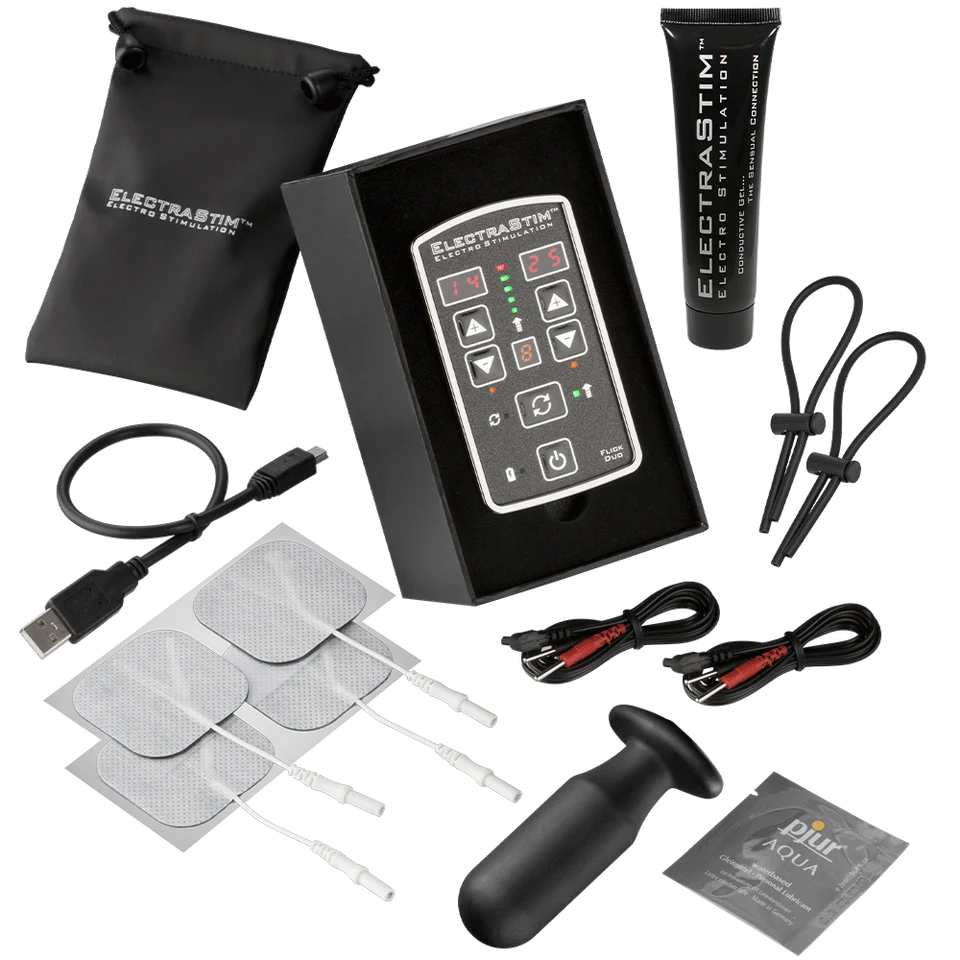 ElectraStim Flick Duo electro sex stimulation pack with dual channels, rechargeable, showing device with control buttons and pattern options.