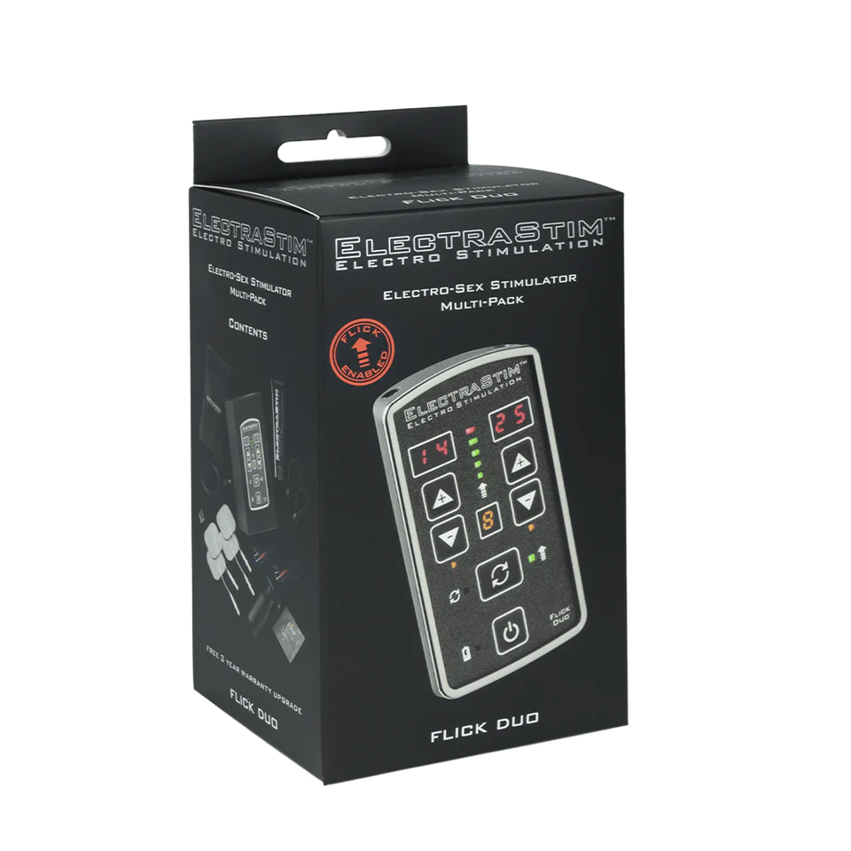 ElectraStim Flick Duo electro sex stimulation pack with dual channels, rechargeable batteries, 8 patterns, and 25 intensity levels.