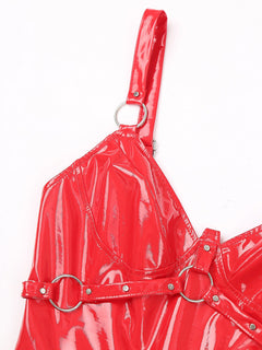 Womens Wet Look O-Ring Rivets Strappy Slip Dress – Red, Strappy Slip Dress styled as statement lingerie with edgy O-ring detailing