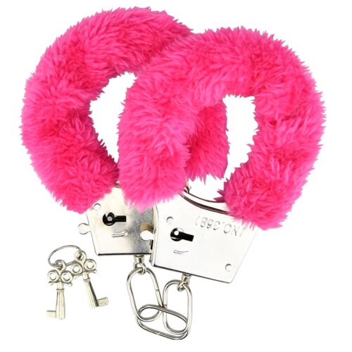a couple of keys are attached to a pink furry object