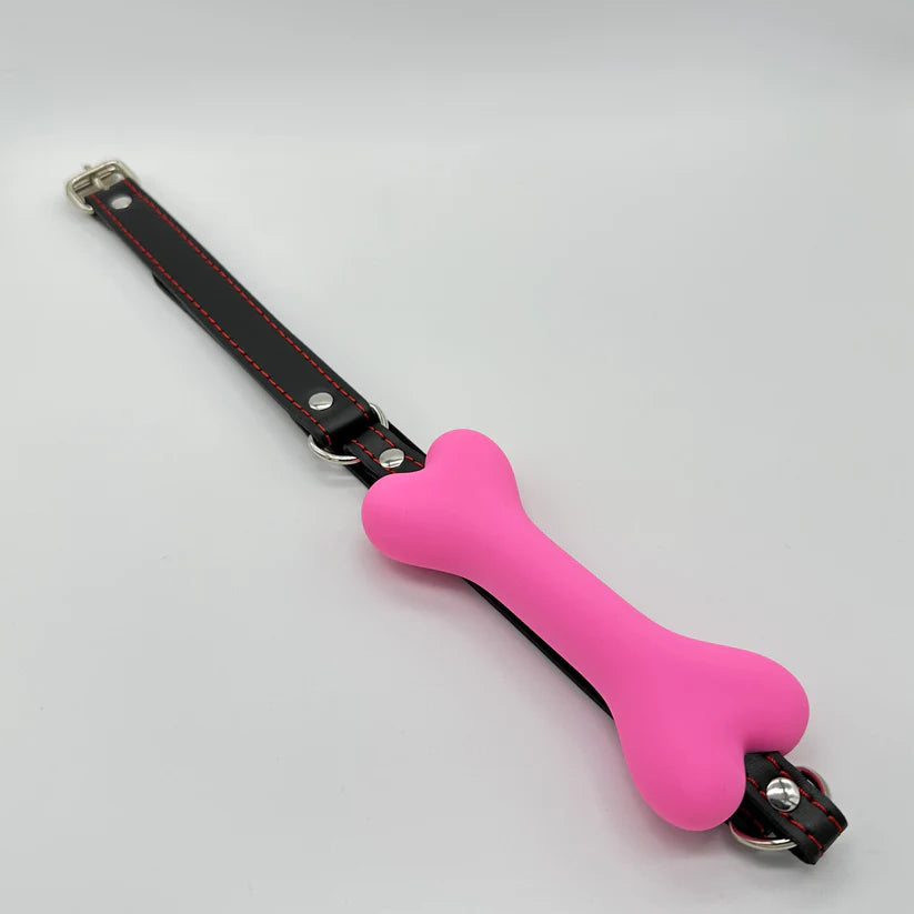 a pink dog bone on a black leash