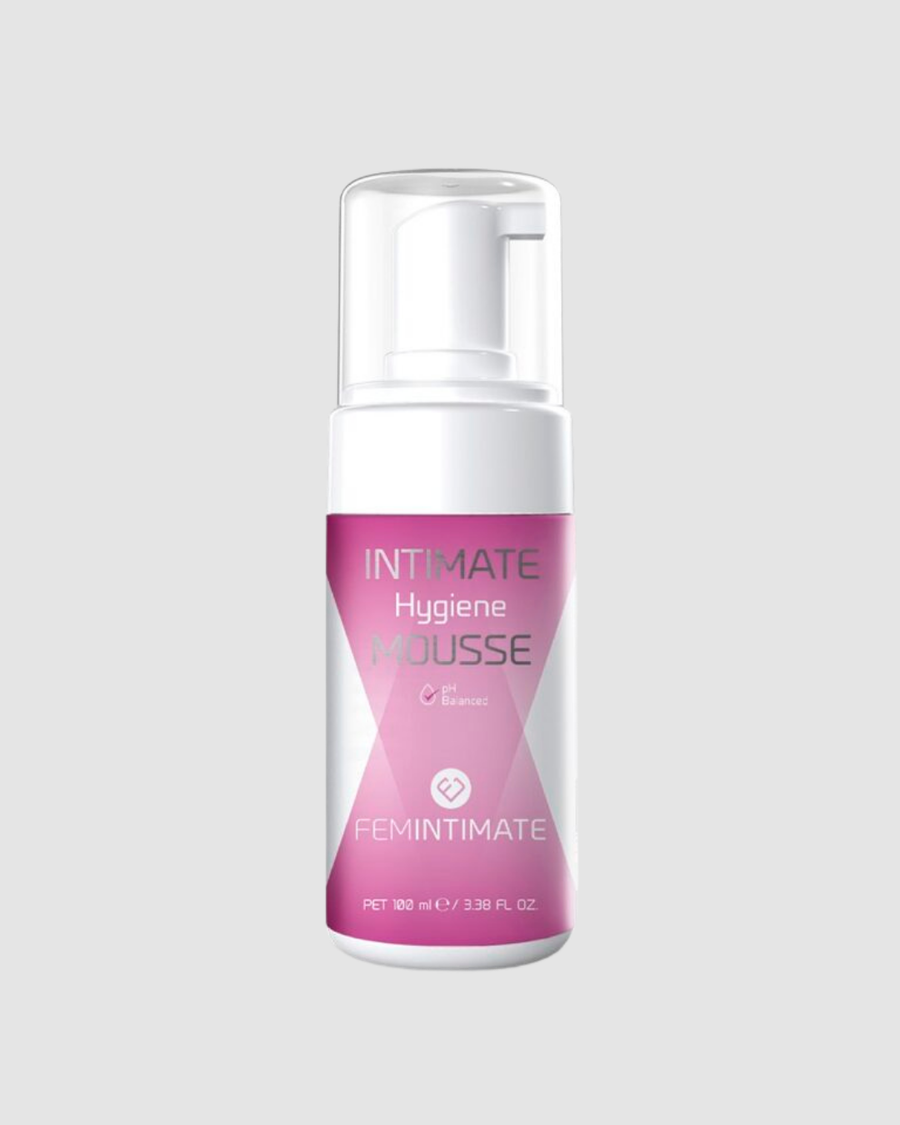 Feminine hygiene product bottle with pink label on a gray background