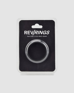Silicone cock ring on a black Rev' Rings packaging with white text.