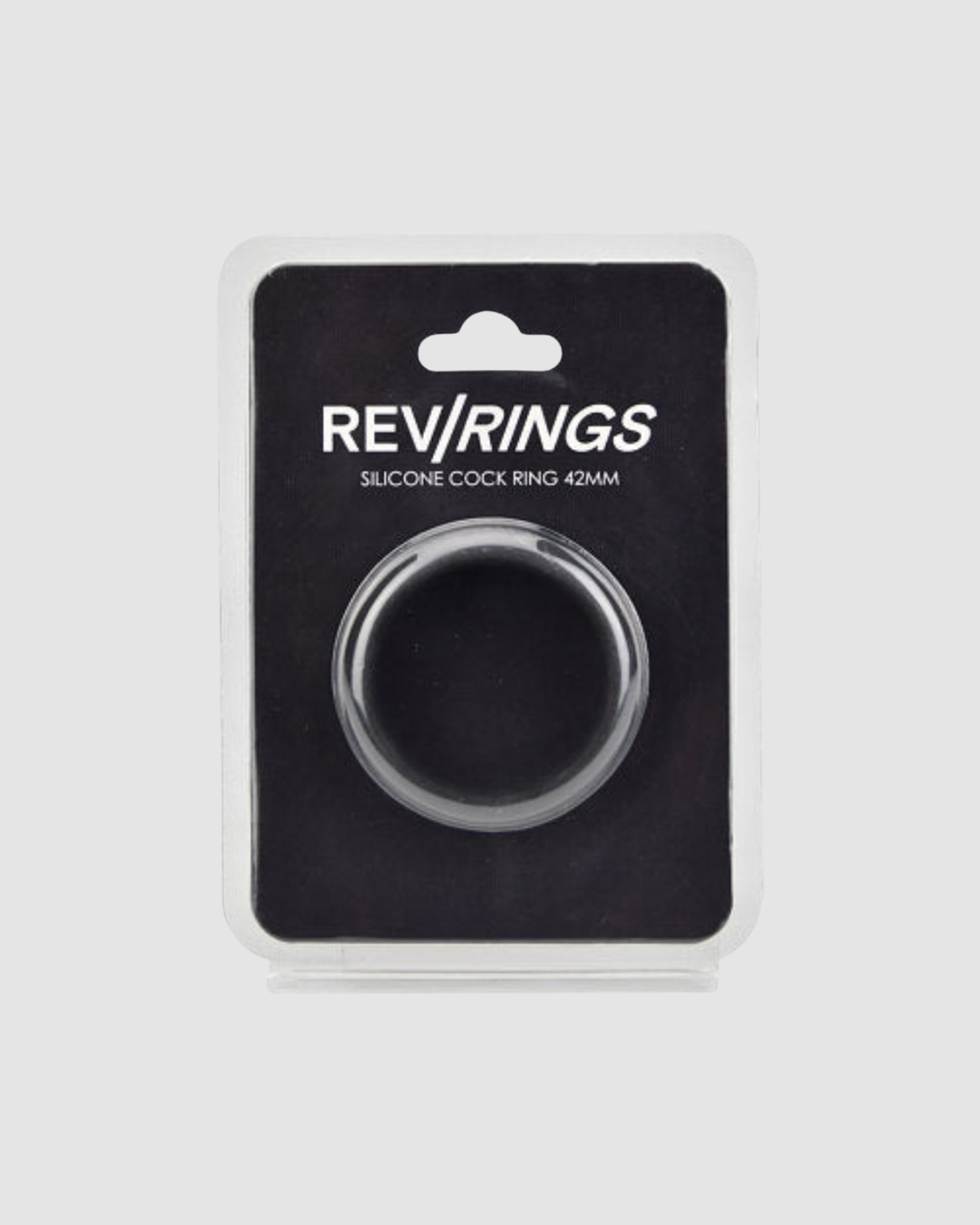 Silicone cock ring on a black Rev' Rings packaging with white text.