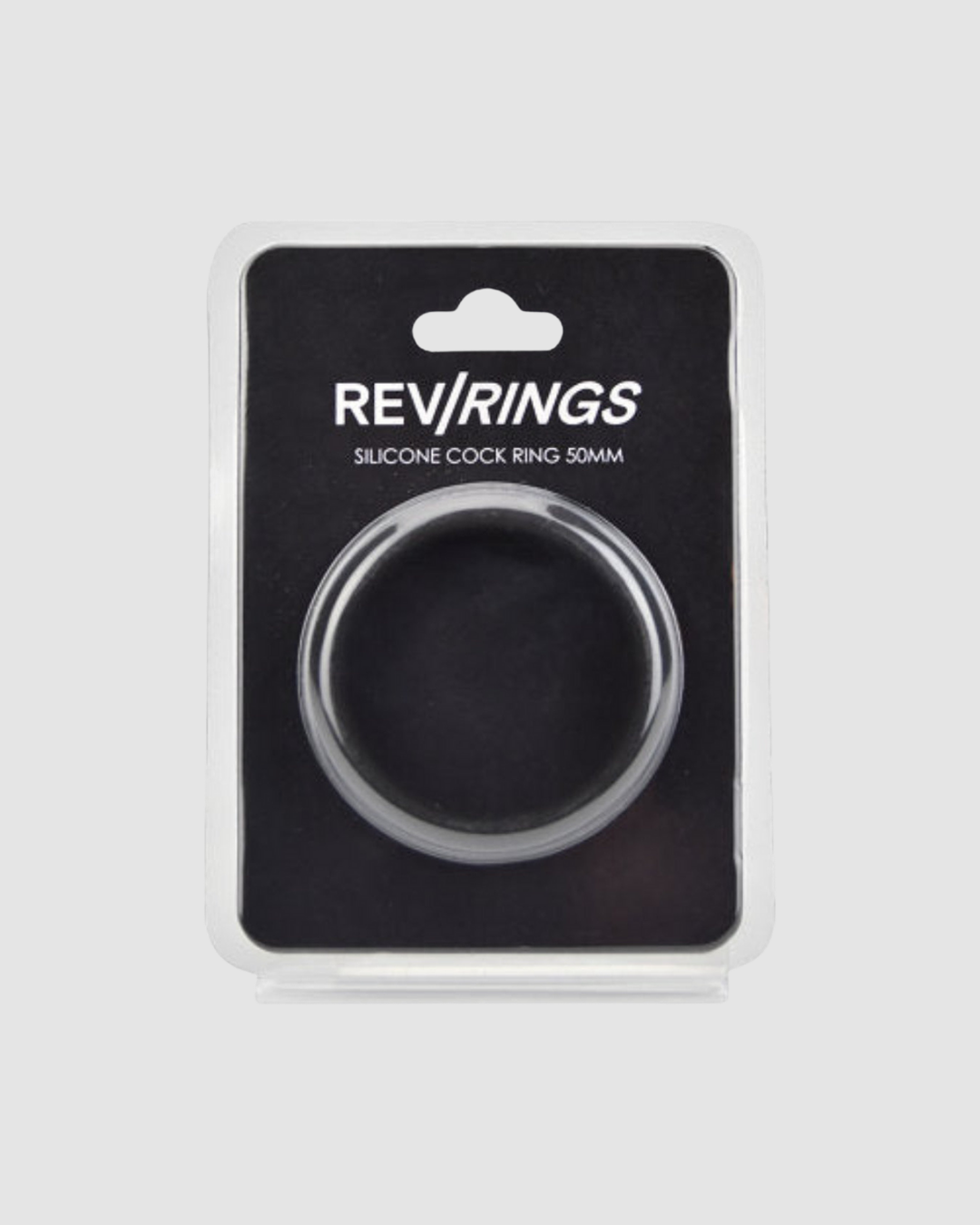Silicone cock ring in packaging with RevRings branding on a light gray background