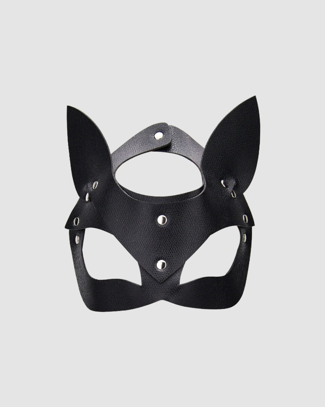 Bound to Play kitty face mask in black PU leather, adjustable fit, featuring feline details and multiple color options.