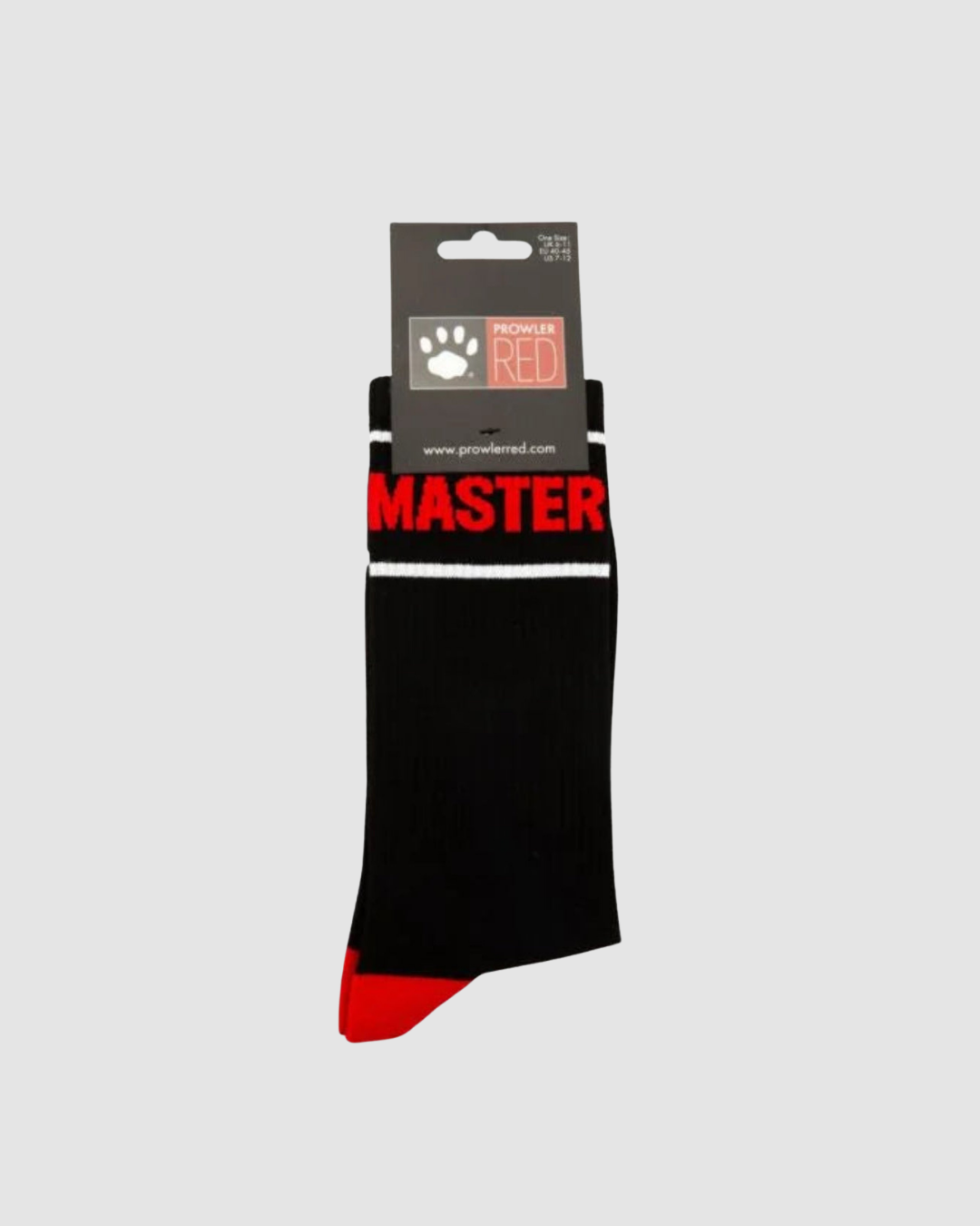 Black sock with red toe and heel on a gray background, featuring the 'Master' brand.