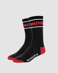 Black socks with red accents and 'MASTMASTER' branding on a light gray background