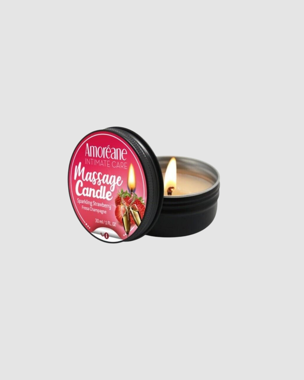 Amoreane massage candle by 1on1, dual-function skin-nourishing oil and candle, with a lit flame and soft wax melting on a surface.