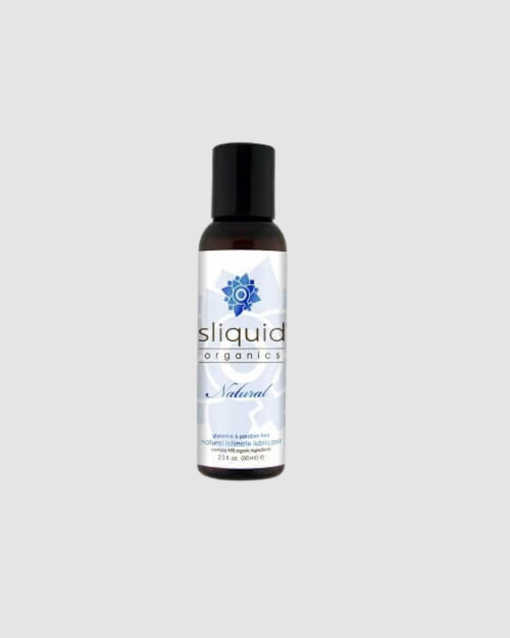 Sliquid Organics Natural Intimate Lubricant water-based, botanically infused lubricant for sensitive skin, shown in a clear bottle.