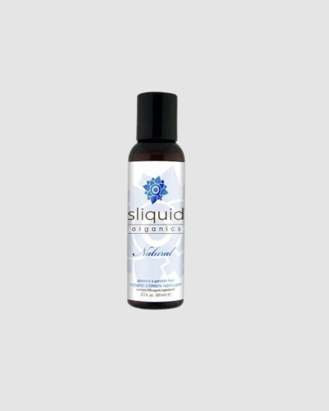 Sliquid Organics Natural Intimate Lubricant water-based, botanically infused lubricant for sensitive skin, shown in a clear bottle.