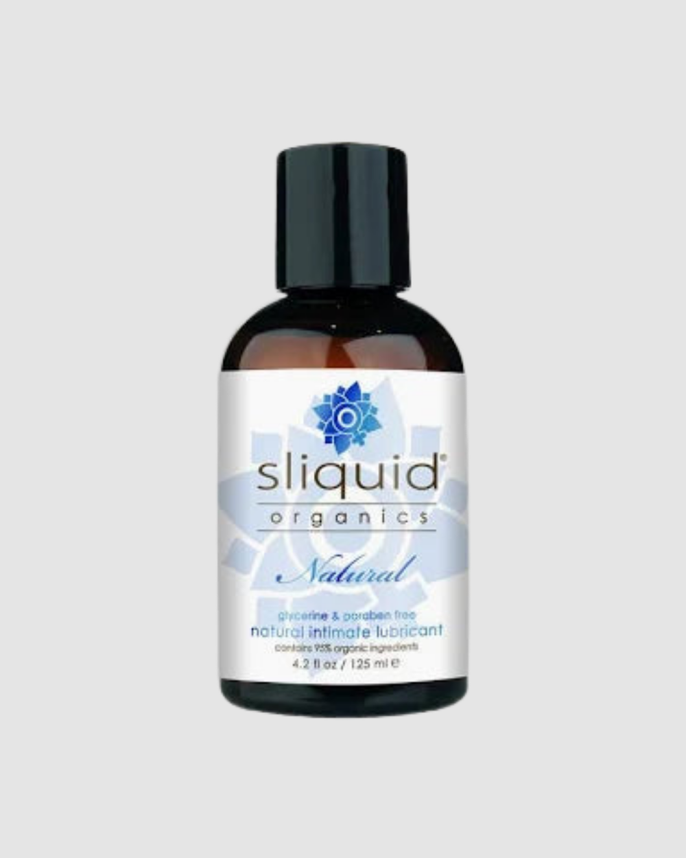Sliquid Organics Natural Waterbased Lubricant bottle with botanical ingredients, designed for intimate use, on a neutral background.