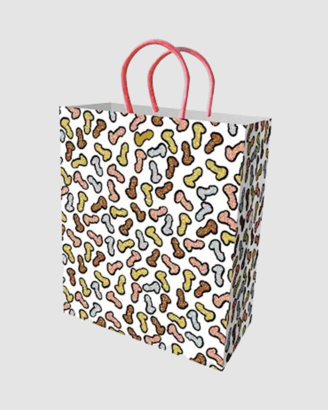 Bright glitter penis novelty gift bag from Little Genie, featuring colorful, sparkly design ideal for humorous gift wrapping.