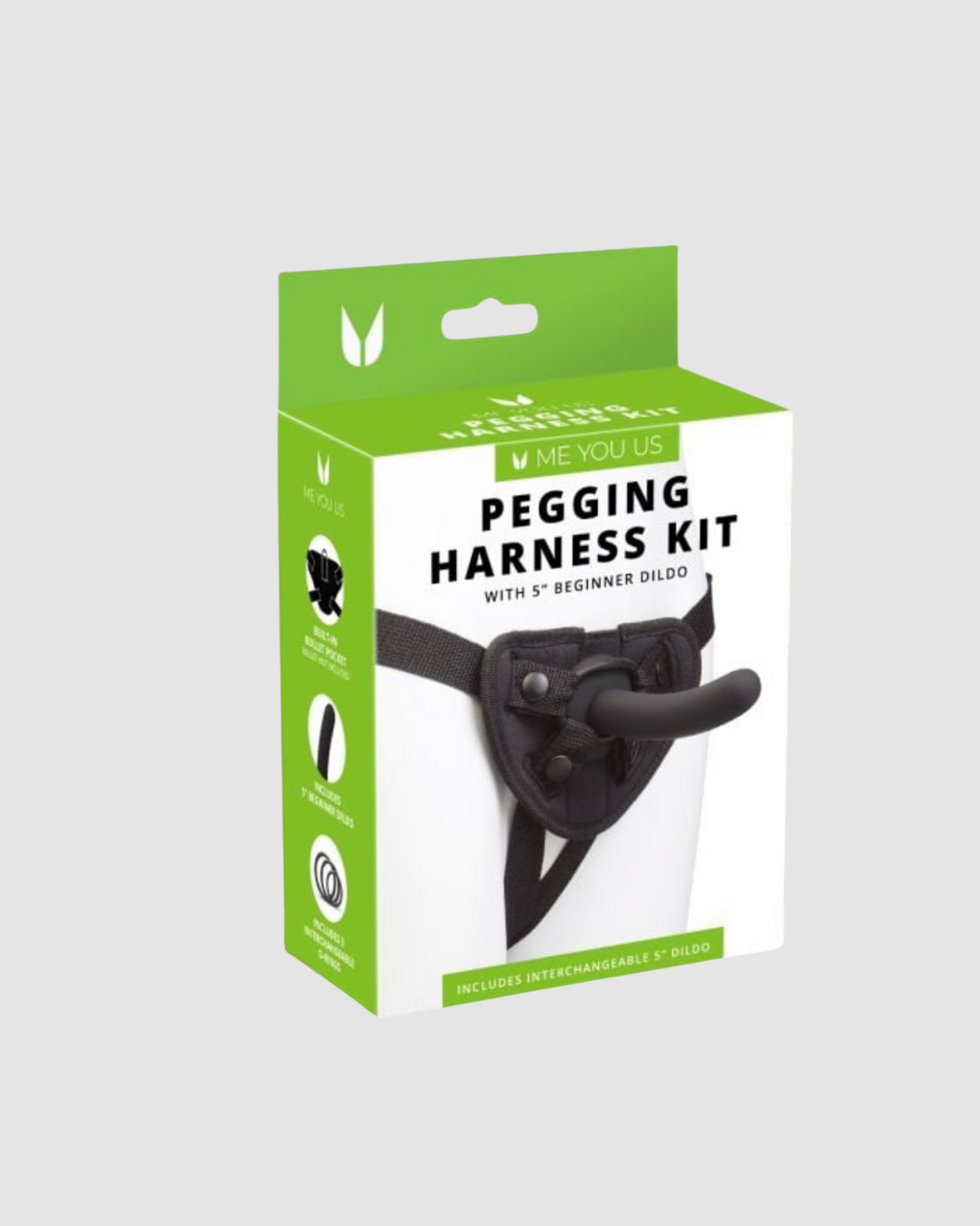 Visual showcase of the Me You Us Pegging Harness Kit packaging, emphasising its beginner-friendly features and luxurious appeal for a quality pegging harness.