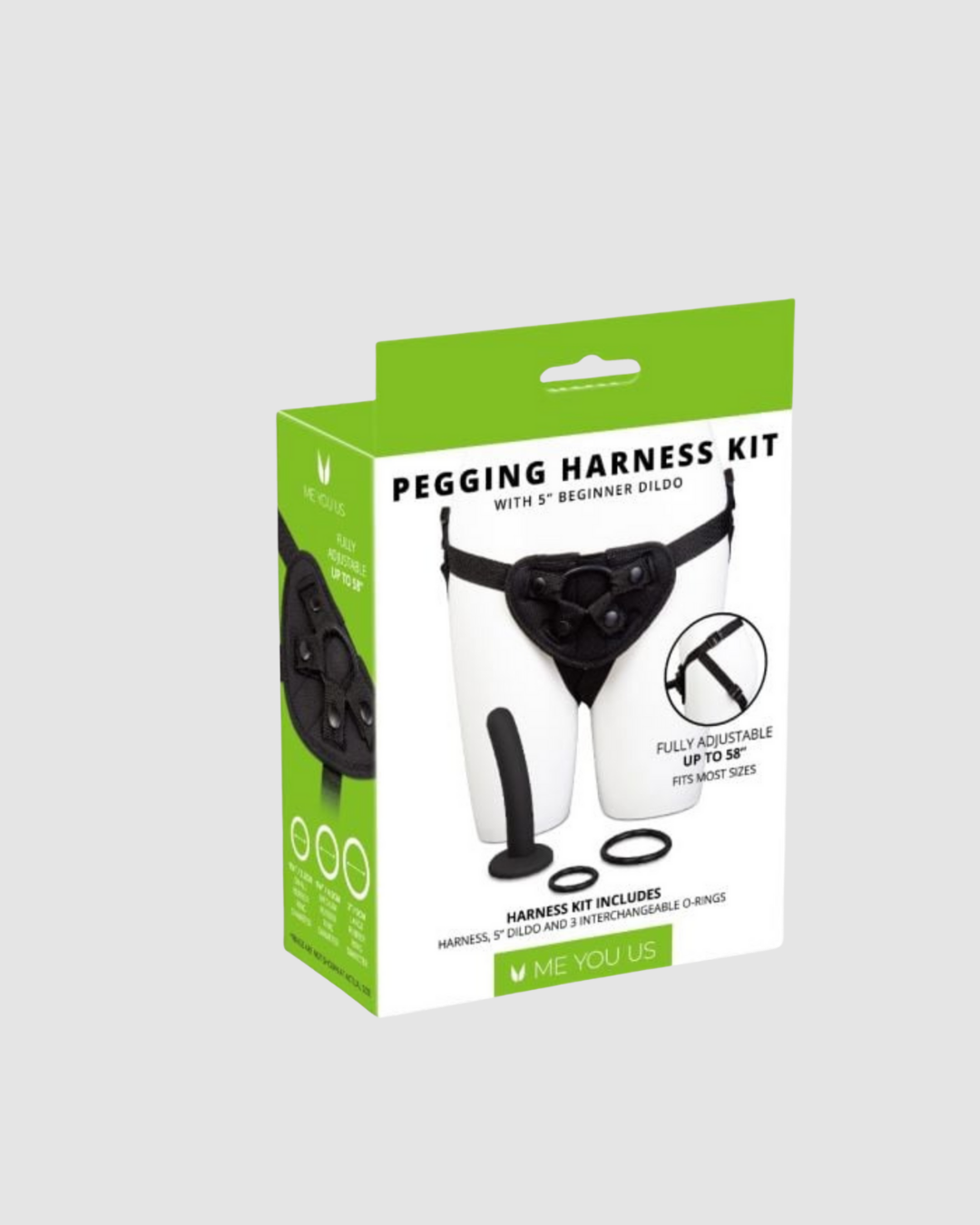 Luxurious presentation of the Me You Us Pegging Harness Kit’s body-safe materials, crafted for safety and pleasure during pegging experiences.