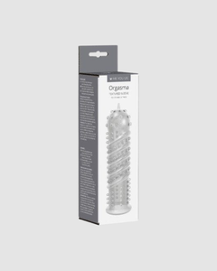 The Orgasma Ribbed Textured Penis Sleeve - 14cm Clear, featuring a stunning design that enhances intimate moments, ideal for both solo play and partner exploration with a textured penis sleeve.