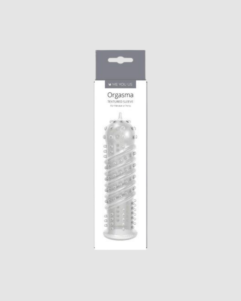 Me You Us Orgasma 14cm clear textured penis sleeve with ribbed design for enhanced sensation, shown in a close-up image.