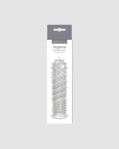 Close-up of the Orgasma Ribbed Textured Penis Sleeve, highlighting its intricate texture and premium materials, designed for maximum pleasure and comfort in using a textured penis sleeve.