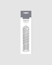 Close-up of the Orgasma Ribbed Textured Penis Sleeve, highlighting its intricate texture and premium materials, designed for maximum pleasure and comfort in using a textured penis sleeve.