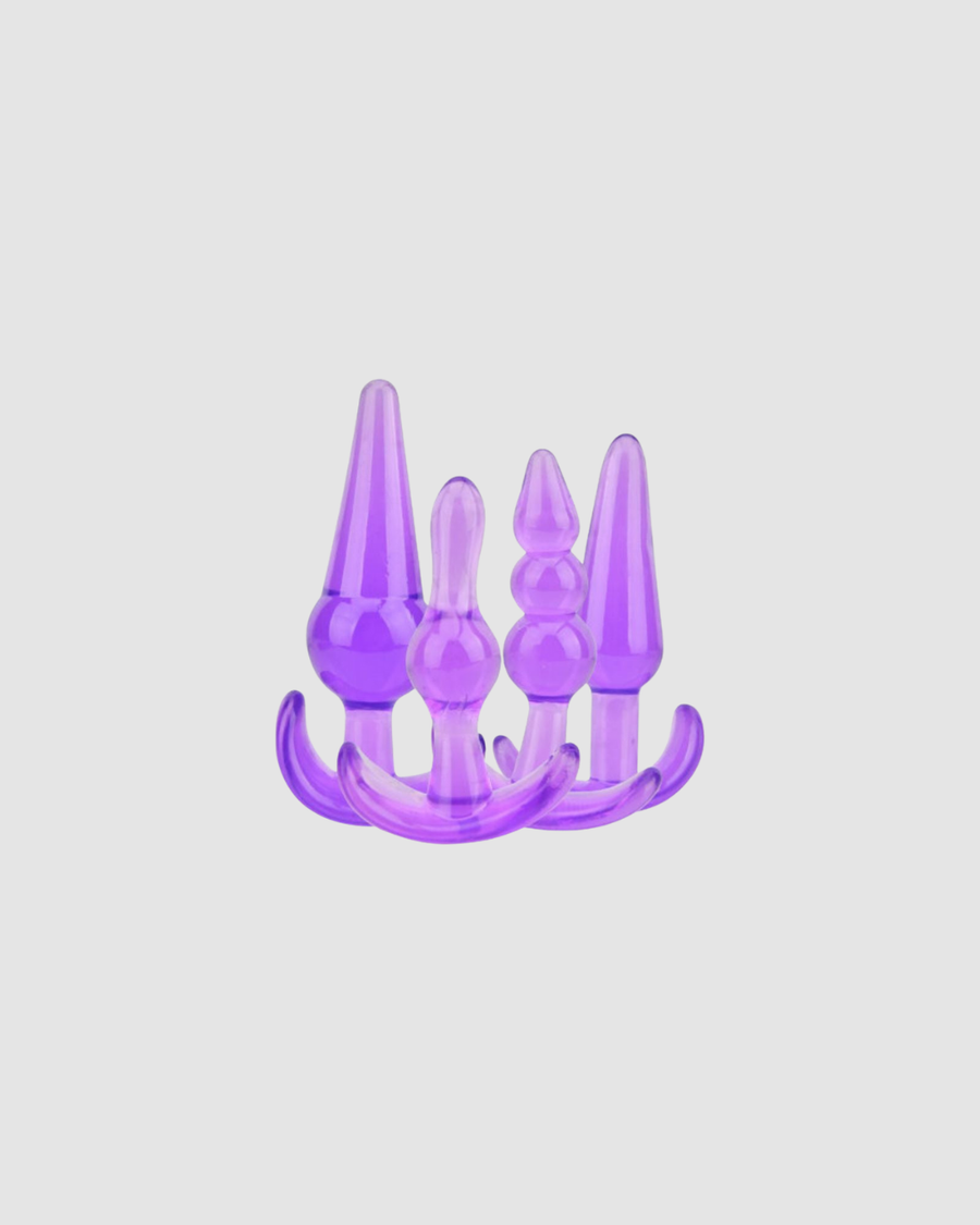 Loving Joy Butt Plug Training Kit showcasing four elegantly designed butt plugs in vibrant purple, ideal for beginners in anal play.