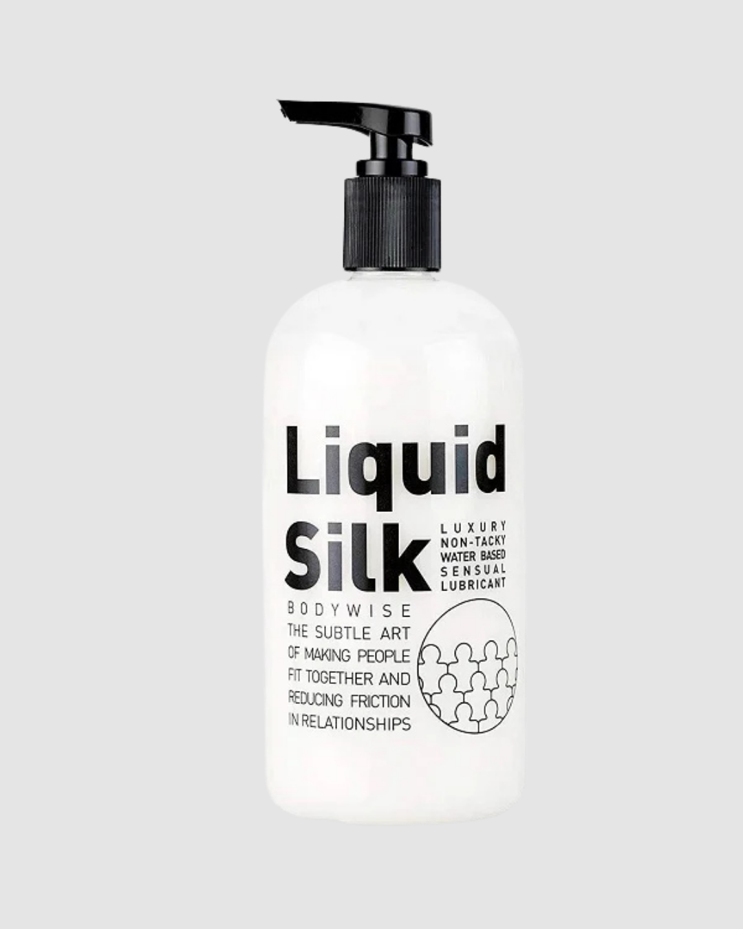 Liquid Silk Water-Based Lubricant bottle with smooth, clear liquid inside, designed to enhance intimate pleasure with premium lubrication.