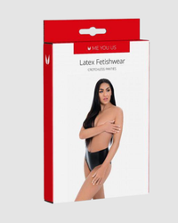 Model wearing Me You Us Latex Crotchless Panties, demonstrating the open-crotch design that blends sensuality and practicality for intimate encounters.