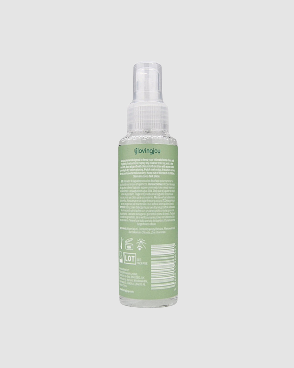 Loving Joy Cleanse antimicrobial sex toy cleaner bottle with gentle, soothing formula for safe toy cleaning.