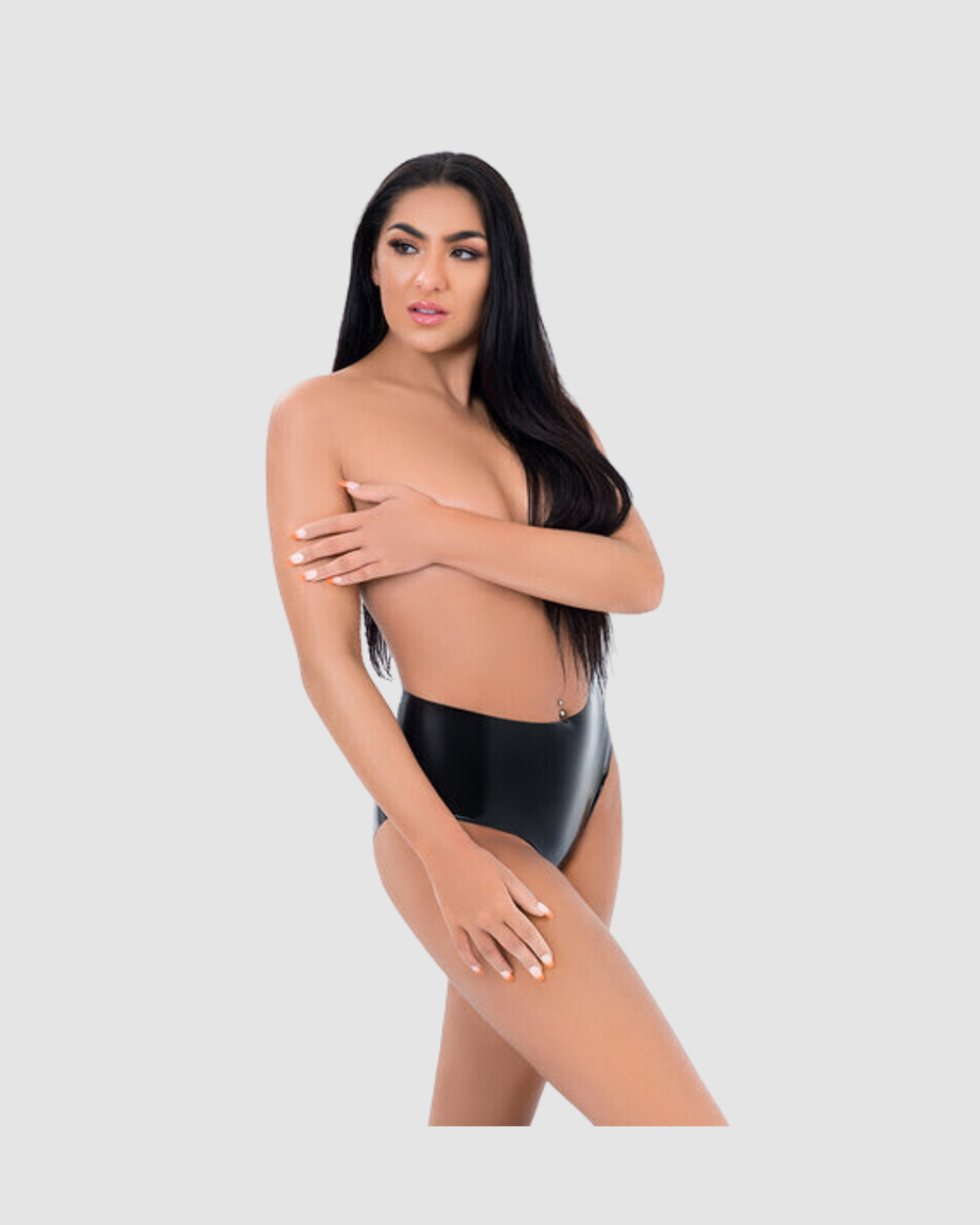 Black latex crotchless panties from Me You Us, figure-hugging bondage and fetishwear designed for BDSM play, shown on a model.
