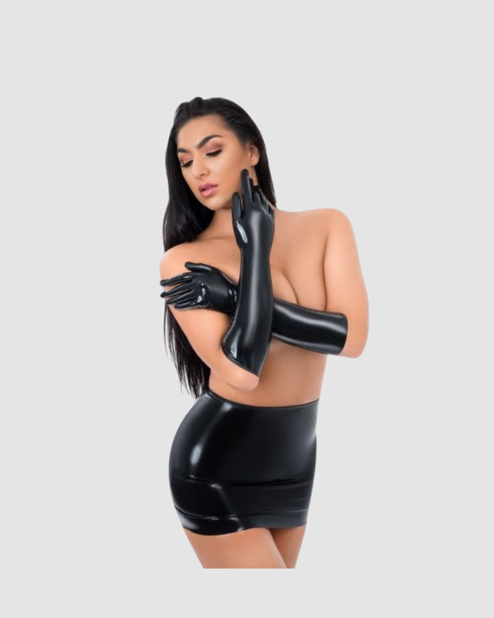 Shiny black latex full-length gloves from Me You Us fetishwear collection, perfect for bondage and seductive costume looks.