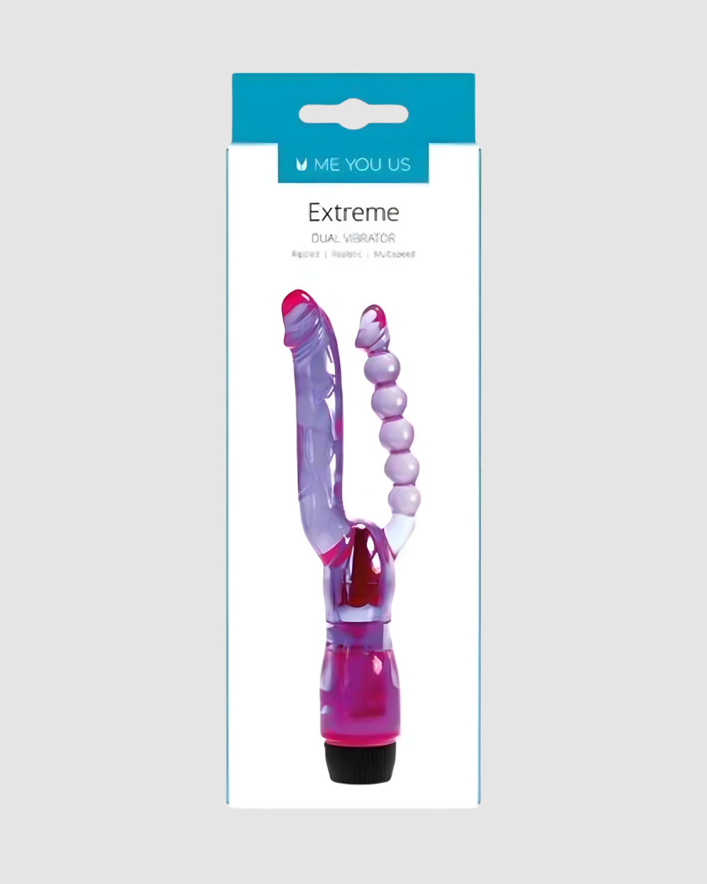 Me You Us Extreme Dual Penetrator vibrator showing slender, flexible, waterproof double penetrator design in a sleek black finish.