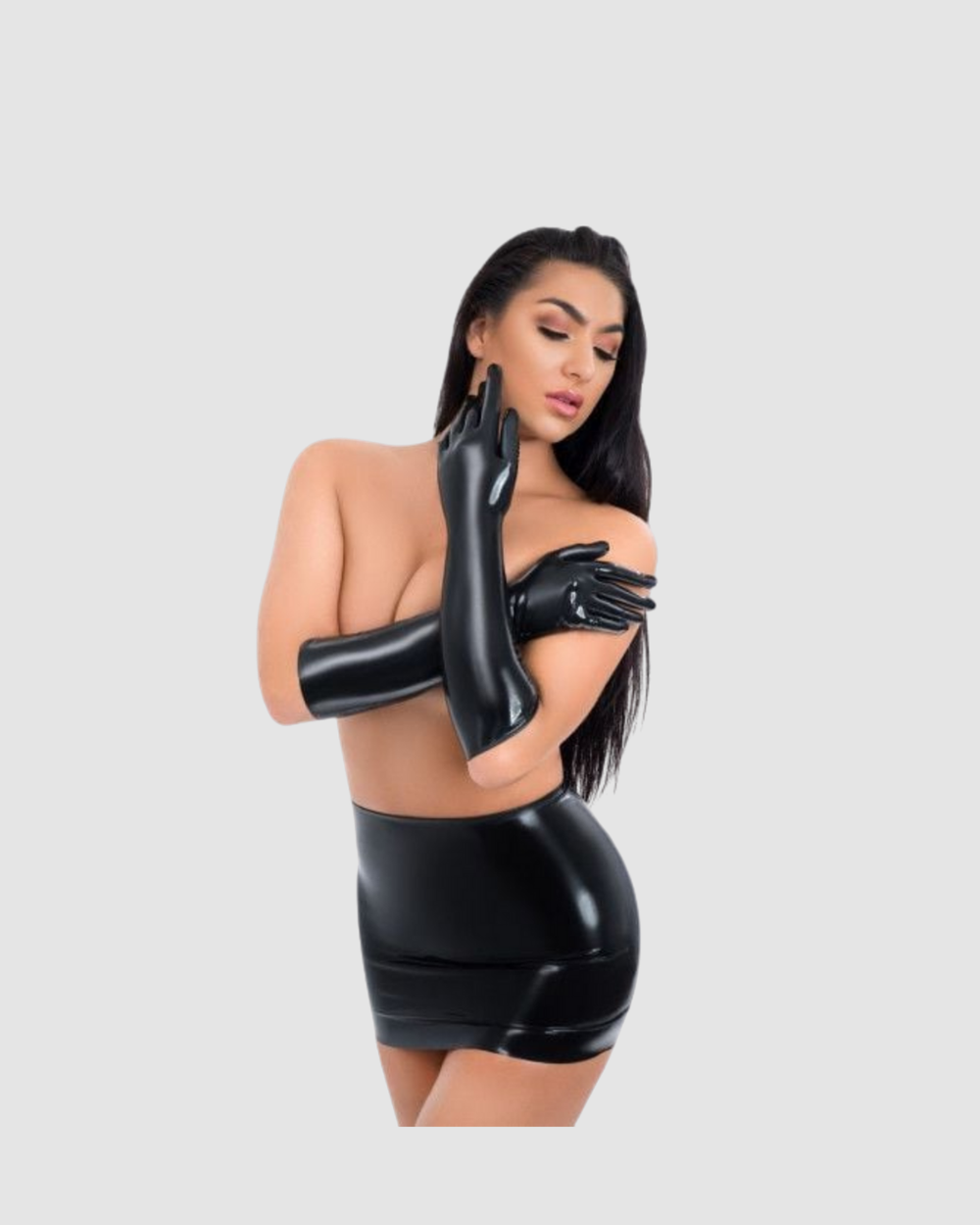 Black latex full-length gloves from Me You Us, high-shine seductive fetishwear for bondage and fetish fashion.