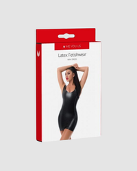 Package of latex fetishwear with a model on a white background