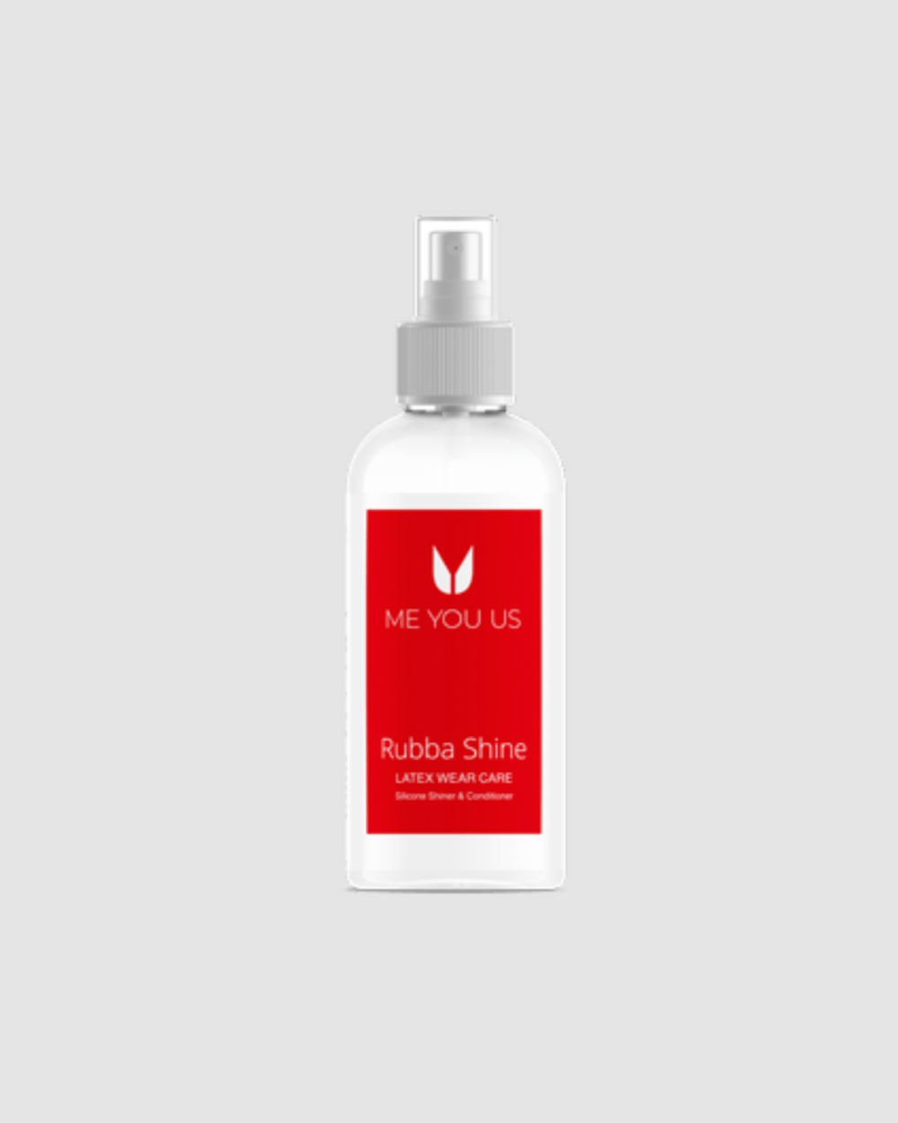 Me You Us Rubber Shine Latex Wear Spray in white, 50ml, shown in a spray bottle for cleaning and restoring latex clothing.