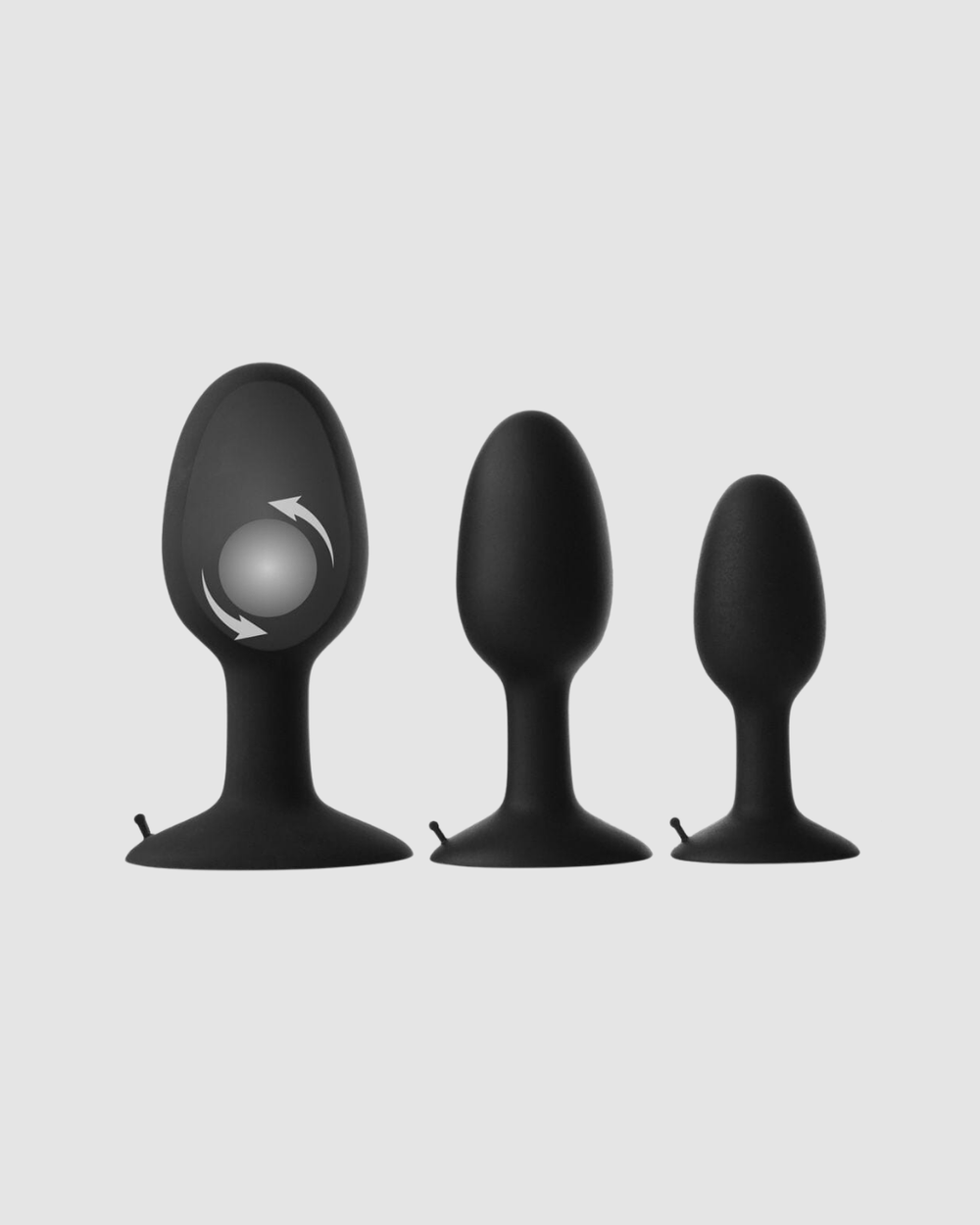 Prowler RED oscillating weighted butt plug in three sizes, showcasing smooth silicone design and adjustable features for comfort.