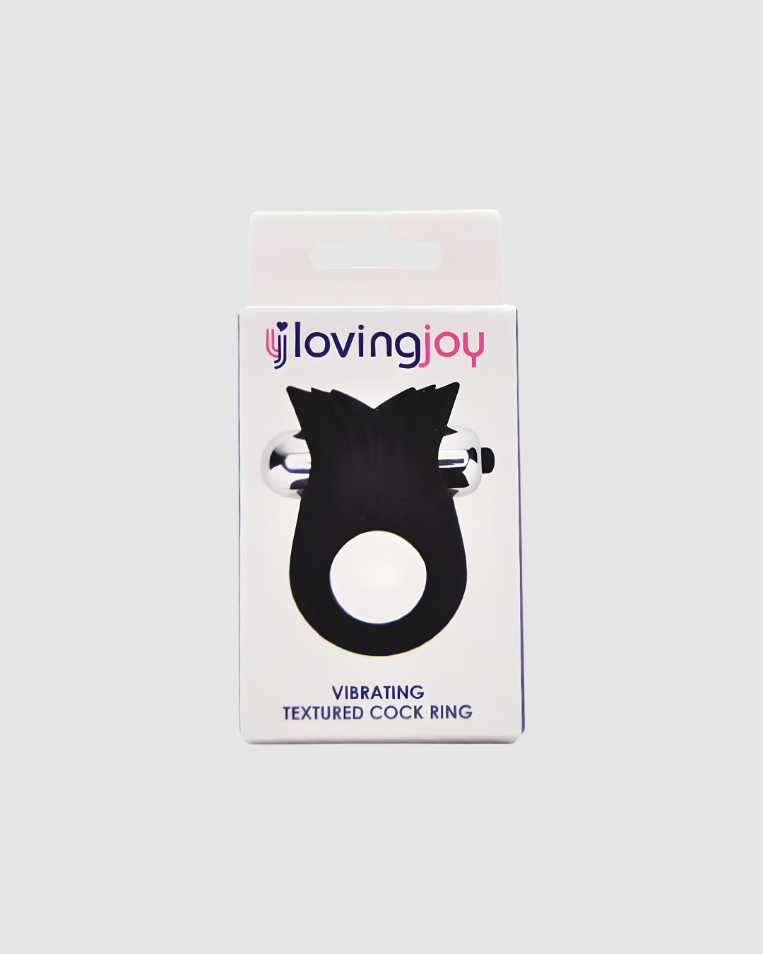 Elegant display of the Loving Joy Vibrating Cock Ring with included batteries, ready for use in intimate moments of ecstasy.
