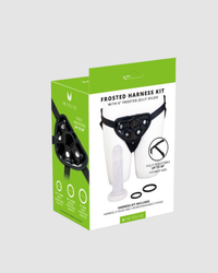 Instructional image for using the Me You Us Frosted Harness Kit, featuring the luxurious adjustable strap-on harness.
