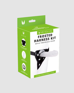 Me You Us Frosted Harness Kit with adjustable strap-on and 6-inch frosted jelly dildo, shown in a stylish product display image.