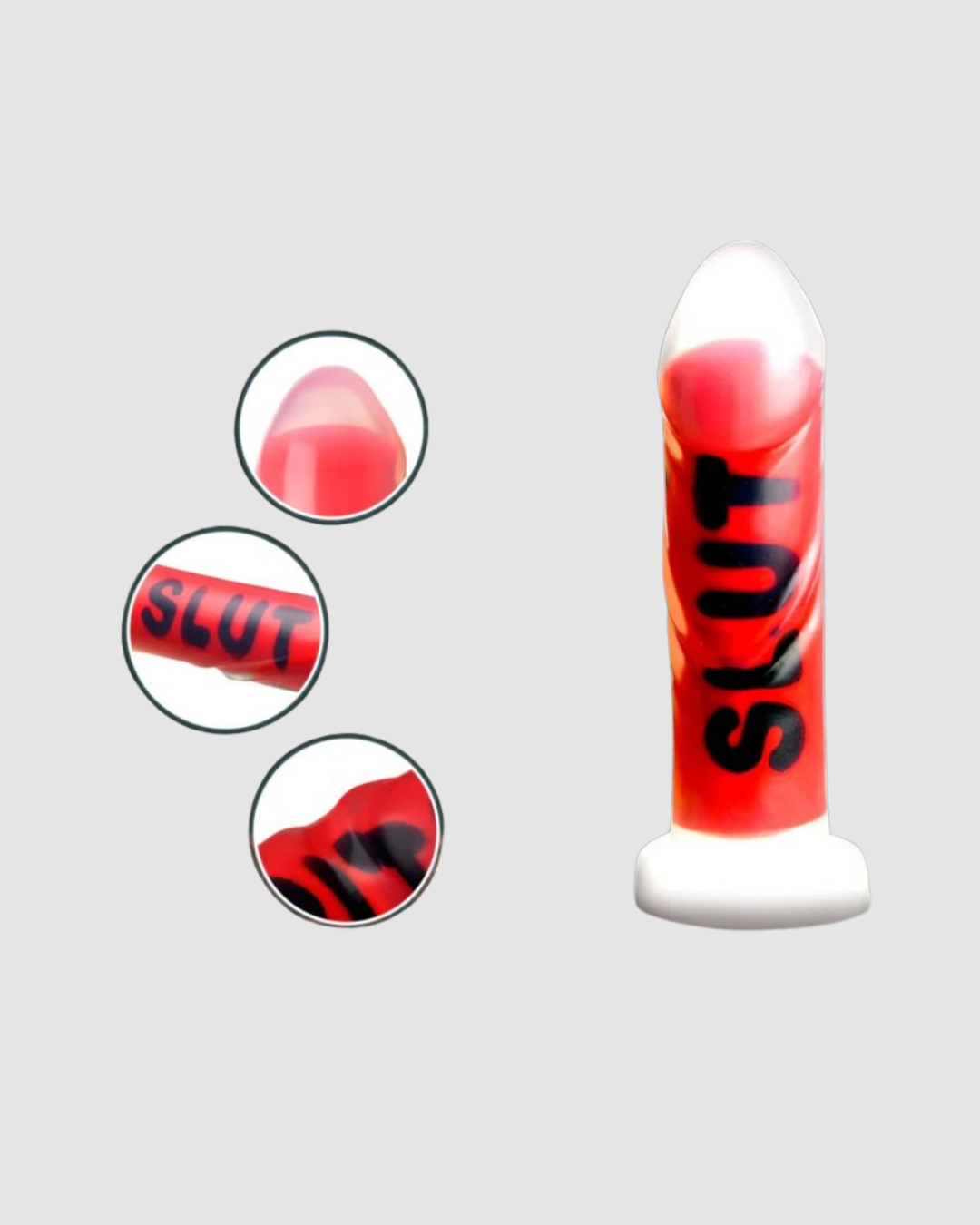 The luxurious design of the Master Series Kinky Explicit Words Silicone Dildo, highlighting its smooth silicone finish and unique raised text features.
