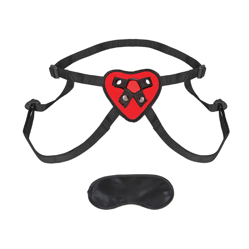 a red heart with black straps and a black mask