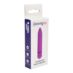 Loving Joy purple bullet vibrator with pointed tip, featuring 10 functions, shown in a compact, sleek design for personal pleasure.