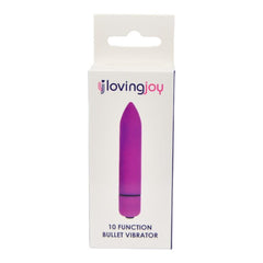 Loving Joy purple bullet vibrator with pointed tip and 10 functions, classic intimate pleasure device on a white background.