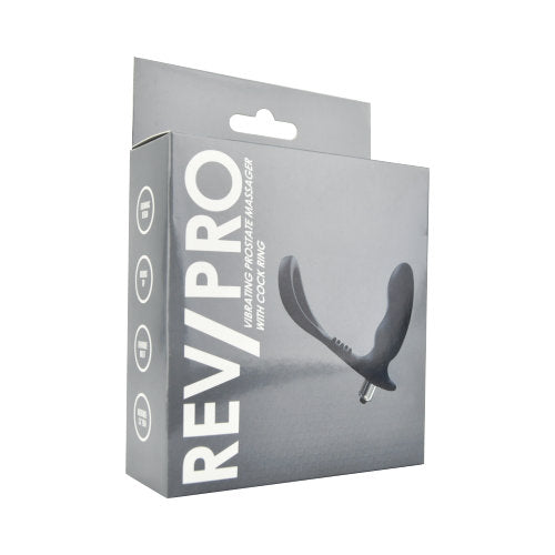Detailed image of the Rev-Pro Vibrating Prostate Massager with Cock Ring including its removable bullet vibrator and the perineum stimulating feature.