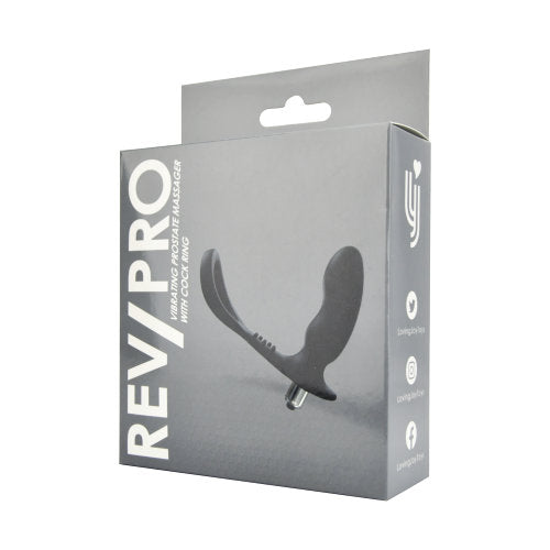 Luxurious packaging of the Rev-Pro Vibrating Prostate Massager with Cock Ring, highlighting the product with a minimalist aesthetic and sophisticated branding.