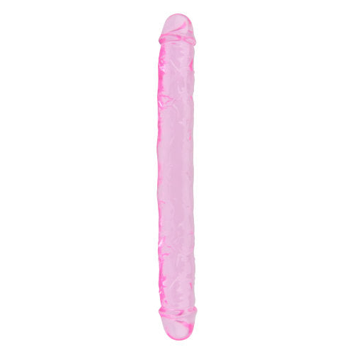 Pink 12-inch Loving Joy double-ended dildo made of TPE, featuring realistic design and dual-ended pleasure for adult use.